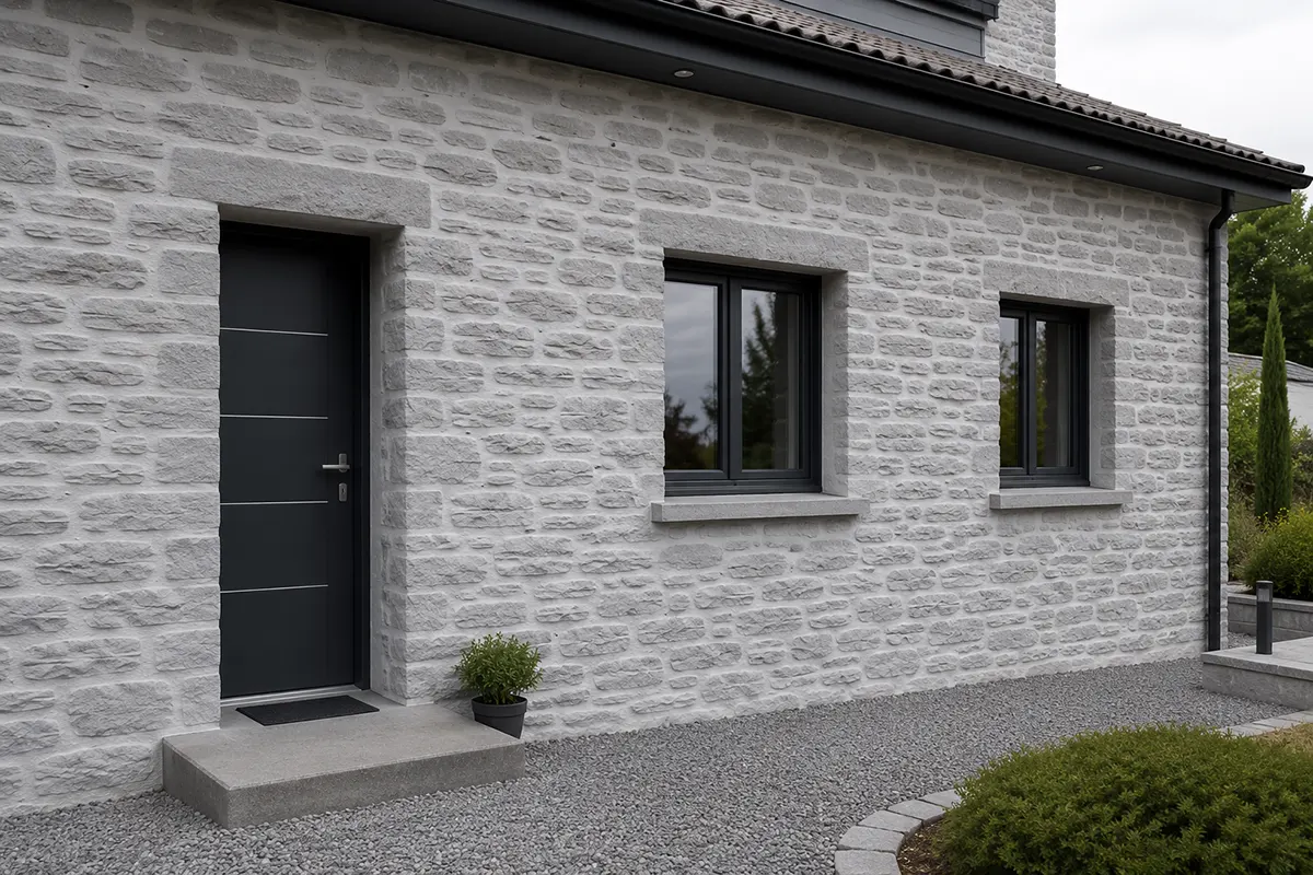 Façade de maison réalisée avec un enduit imitation pierre
