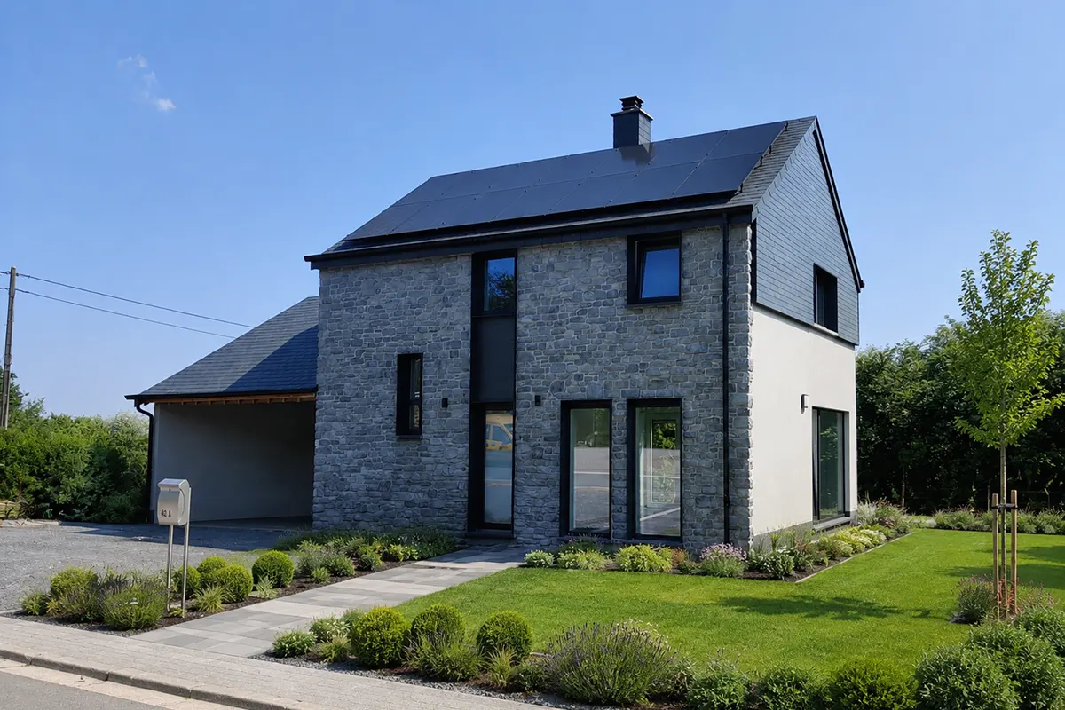 Façade de maison individuelle en pierre de parement Grès