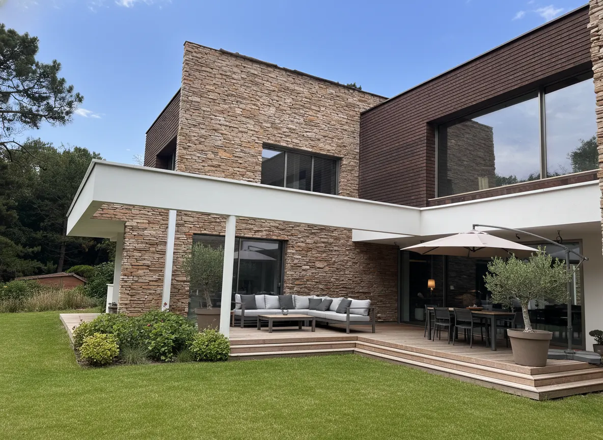 Maison contemporaine avec terrasse et mur extérieur en pierre de parement Schiste Tradition Panama