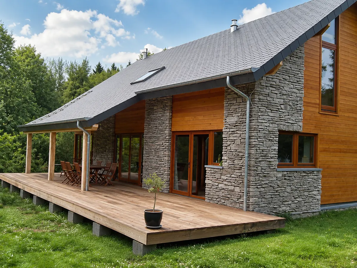 Terrasse de chalet avec murs en pierre et bois naturel