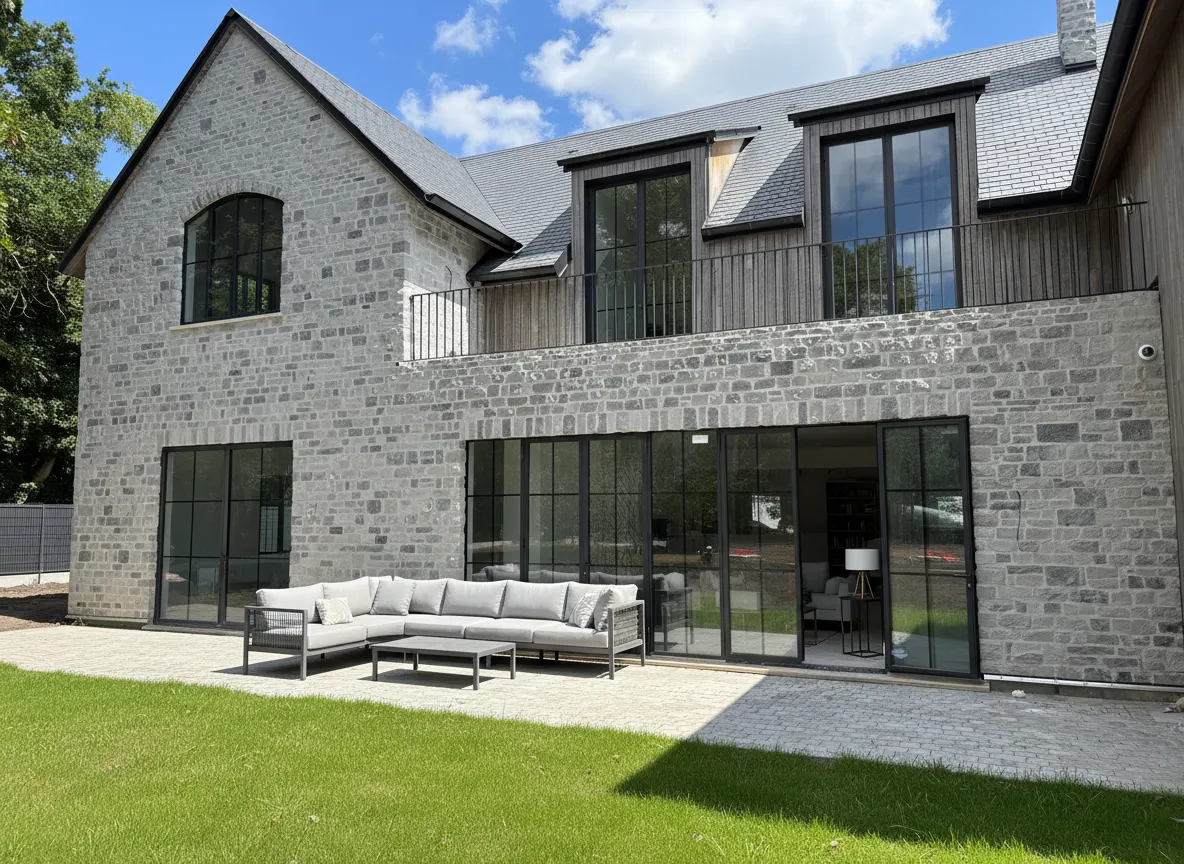 Villa contemporaine avec terrasse, murs en pierre claire, bois et métal