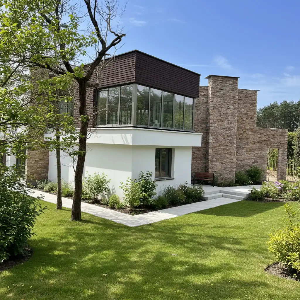 Maison contemporaine avec pierre de parement et enduit clair