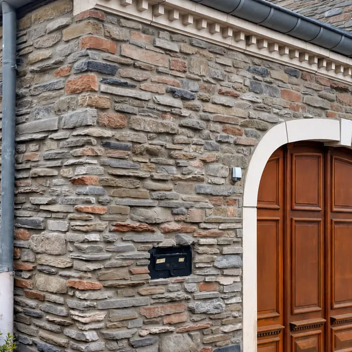 Zoom sur une maison traditionnelle en pierre. Le parement Schiste teinte De Lierneux est utilisé